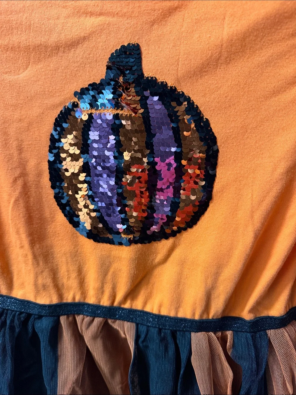 Girls Orange Pumpkin Sequin Tulle Halloween Dress
